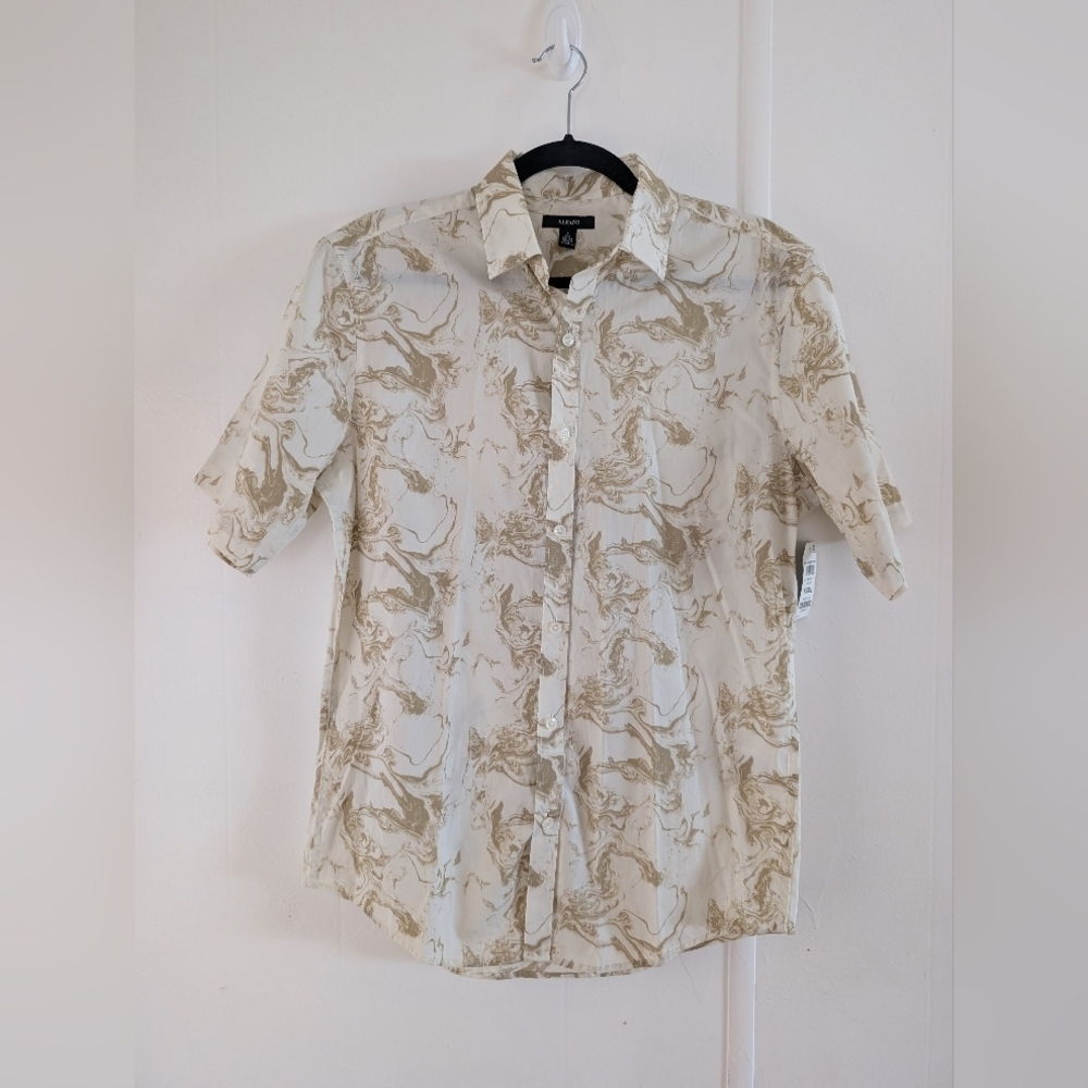 Alfani Cream and Brown Swirl Pattern Shirt